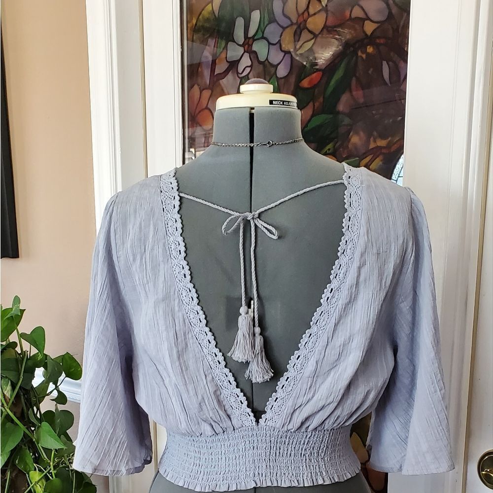 Lavender Lace-Trim Smocked Waist Blouse - Women Tops - Picture 2 of 7